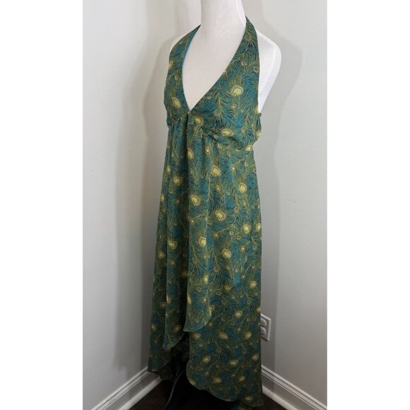 Liberty of London Target Maxi Dress 4 Teal Blue Peacock Print Womens Hi Lo Flowy - Picture 4 of 11